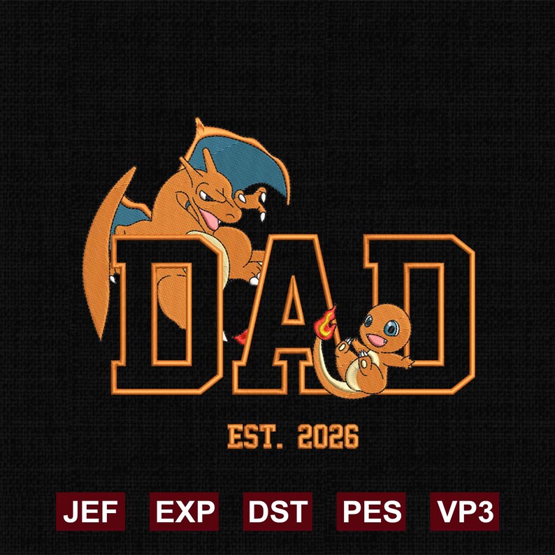Charmander Lettering Pokedad Embroidery File, Gift for Father's Day, Pokadad Anime Character ...