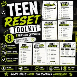 Może przedstawiać: Czarno-biały zestaw narzędzi Teen Reset z 8 drukowanymi listami kontrolnymi. Zestaw narzędzi zawiera listy kontrolne dotyczące czasu spędzanego przed ekranem, zasad gier, porannych rutyn i innych. Tekst zawiera "Małe kroki dzisiaj. Wielkie zmiany jutro."