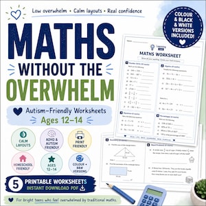 May include: Printable math worksheets for ages 12-14, designed to be autism-friendly. The image shows a worksheet with math problems, a calculator, and a pencil. The worksheets are available in color and black & white versions.