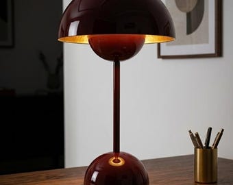 Red Mushroom Table Lamp | Flowerpot Inspired Desk Light | Retro Burgundy Glossy Lamp | Mid Century Modern Bedside Light Danish Design Decor