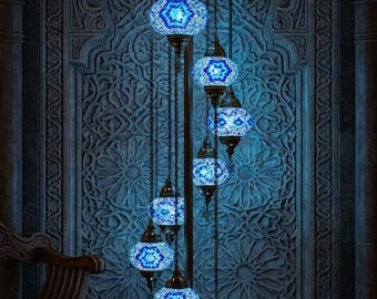 Lámpara de pie turca de mosaico hecha a mano con globo azul de 7 pulgadas | Lámpara de pie bohemia marroquí en espiral | Decoración de sala de estar con vidrieras de cristal azul cobalto y zafiro