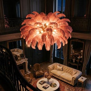 Candelabro de pluma de avestruz rosa | Lámpara colgante de lujo con pluma rosa para sala de estar | Lámpara de comedor Art Déco | Iluminación impactante