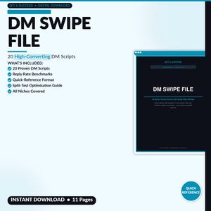 20 guiones de DM (archivo de plantillas) / Copia y pega mensajes para contactar clientes / Guiones para concertar citas / Obtén respuestas rápidas / Gana dinero online (PDF)