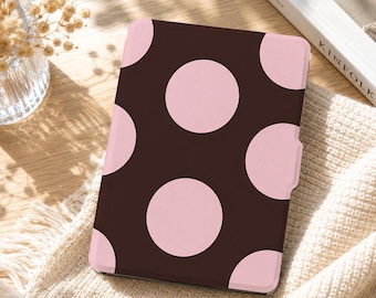 Retro Brown Pink Polka Dot Kindle Case, Custom Paperwhite Case with Hand Strap, Kobo Clara Libra Case, Chocolate Pink Kindle Case for Her