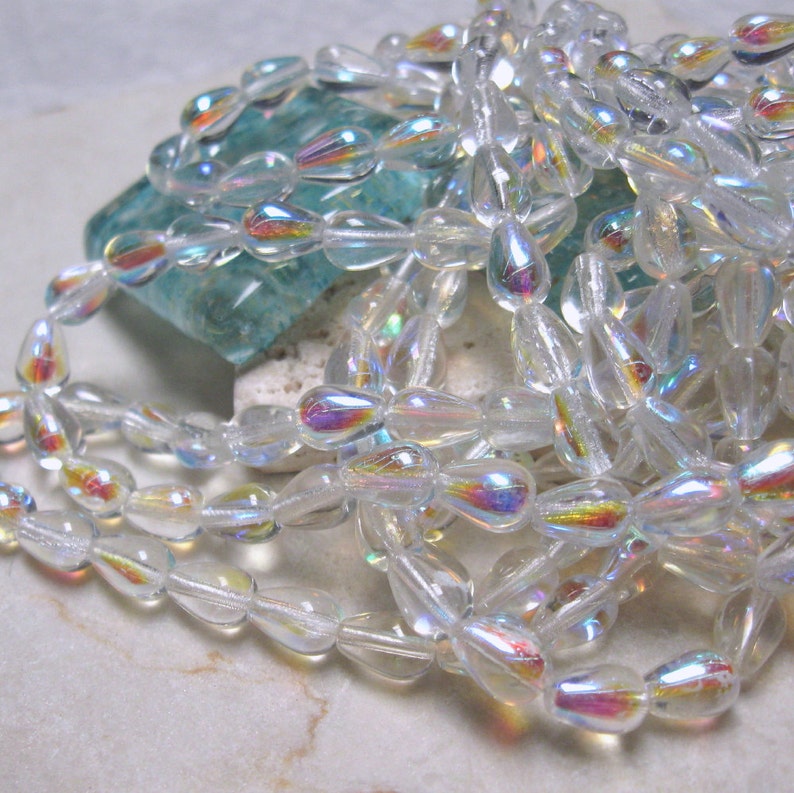 thumbnail image 2 of Handmade Czech Glass Teardrop Beads – Aqua White Blend With Bronze Facets, 19x8mm For Jewelry Making 2 of 5