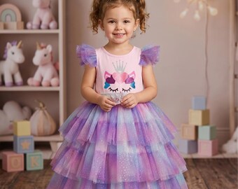 Dziewczęca fioletowa sukienka tutu z jednorożcem, ręcznie robiona, różowo-fioletowa sukienka tutu z jednorożcem, strój na imprezę, sukienka wielkanocna