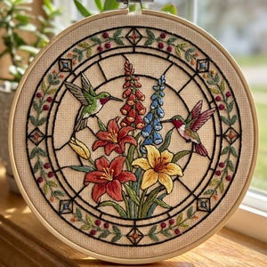 Broderikit med kolibri och färgat glas – Blommor och hantverksset