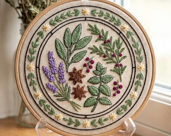 Herb Embroidery Kit - Botanical Kitchen Garden DIY Craft Gift - Lavender and Spice Hoop Art Hobby