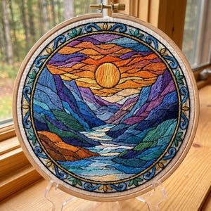 Sonnenuntergang Berglandschaft Stickdatei Kit – Stained Glass Effect Natur Hoop Art