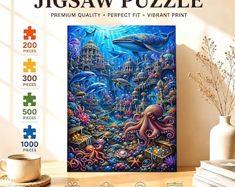Underwater Kingdom Jigsaw Puzzle, Ocean City Puzzle, Colorful Marine Life Illustration Decor, Fantasy Sea World Puzzle, Gift for Ocean Lover