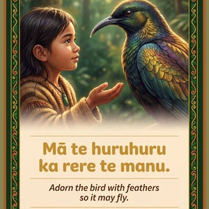 Può includere: Un poster con un bambino e un uccello dalle piume iridescenti verdi e dorate. Il testo recita: Mā te huruhuru ka rere te manu. Adorn the bird with feathers so it may fly. When we equip children well, they can achieve great things. Te Reo Māori | Māori Language.