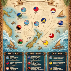 May include: A poster for "PACIFIC LANGUAGE WEEKS 2026", featuring a map of Pacific Islands and their flags. It lists language weeks for islands like Tuvalu, Kiribati, and Tonga, with dates. The poster's text includes "Celebrate Learn Connect" and a website address.