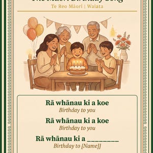 Può includere: Un poster intitolato Rā Whānau ki a Koe The Māori Birthday Song con un'illustrazione di una famiglia che festeggia il compleanno di un bambino con una torta e candeline. Il testo include il testo della canzone in maori e in inglese.