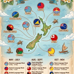 May include: A colorful poster titled "Pacific Language Weeks 2026" with a map of the Pacific Islands. It highlights language weeks for various islands, including Fiji, Samoa, and Tonga, with dates and flags. The poster includes floral decorations.