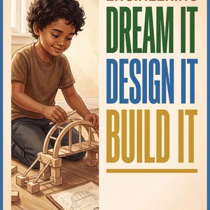 Puede incluir: Un póster que muestra a un niño construyendo un modelo de puente de madera con bloques y un plano. El texto dice: ENGINEERING, DREAM IT, DESIGN IT, BUILD IT, STEM. El diseño usa colores marrón, verde, azul y dorado sobre un fondo claro.