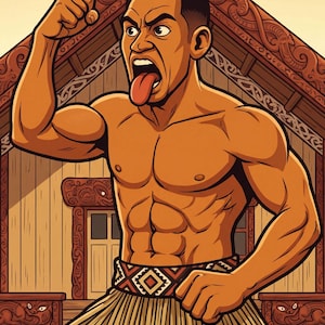 Può includere: Un'illustrazione digitale di una figura muscolosa che esegue una haka con un'espressione feroce, lingua estesa e un pugno alzato. La figura indossa una gonna di paglia tradizionale color marrone chiaro e una fascia decorata davanti a un edificio in legno.