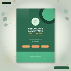 Op de afbeelding: Een groene en witte gids getiteld "REEQUILIBRE ALIMENTAIRE EN 21 JOURS" met de tekst "GUIDE NUTRITION" bovenaan. De gids belooft een praktische aanpak voor beter eten, meer energie en gewichtsverlies zonder frustrerende diëten.