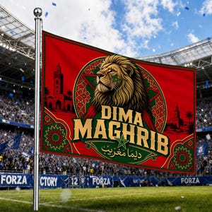 May include: A rectangular flag featuring a central lion illustration with a green star on its cheek, set against a red background with green geometric patterns. The text DIMA MAGHRIB is printed in large gold letters with Arabic script below.