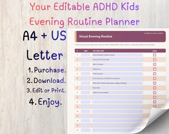 ADHD Evening Routine Planner for Kids | Printable & Editable PDF | Digital Download | US Letter and A4