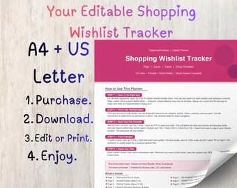 Shopping Wishlist Tracker Printable PDF Planner | Fillable Budget Planner | US Letter & A4 | Instant Download