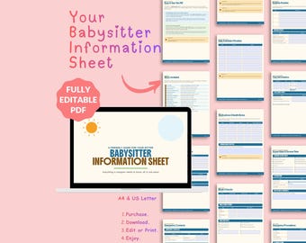 Editable Babysitter Information Sheet, Childcare Planner (US Letter, A4)