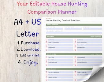 House Hunting Comparison Planner | Editable PDF Home Buying Checklist, Property Tracker | US Letter & A4