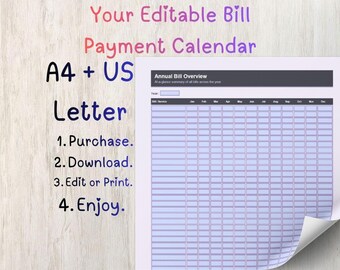 Editable Bill Payment Calendar | Monthly Budget Tracker Planner (Digital Download)