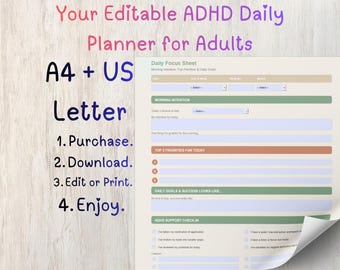 ADHD Daily Planner For Adults PDF | Fillable Planner for Focus, Mood & Habits | US Letter + A4 | Instant Download