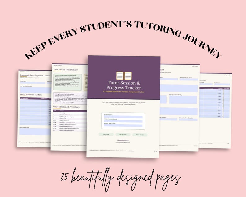 May include: A digital tutor session and progress tracker planner featuring 25 pages with a purple cover titled Tutor Session & Progress Tracker. The interior pages include sections for student names, learning goals, skill mastery, and session logs.