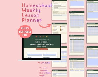 Homeschool Weekly Lesson Planner PDF | Fillable Editable Planner | US Letter & A4 | Interactive Lesson Plan