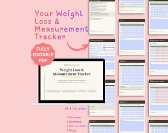 Weight Loss Tracker | Editable Measurement Log PDF | Habit Tracker A4 US Letter | Digital Weekly Weigh In Planner