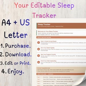 May include: An editable sleep tracker document in A4 and US Letter sizes. The page features a brown header with the text Sleep Tracker, followed by instructions on how to use the digital file, including steps to open, fill, save, and print the document.