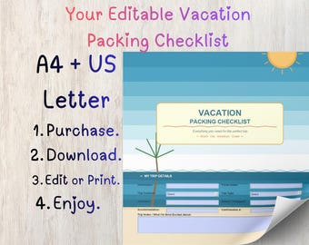 Vacation Packing Checklist Editable and Printable PDF | US Letter & A4