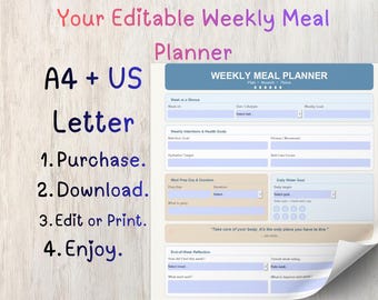 Weekly Meal Planner PDF | Editable, Printable, Grocery List (Digital Download)