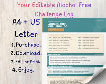 Alcohol Free Challenge Log | Sobriety Tracker PDF | Printable & Editable Planner | US Letter + A4