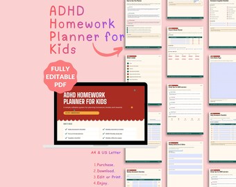 ADHD Homework Planner for Kids | Editable Fillable PDF | Focus & Break Tracker, Study Tips | US Letter and A4 Included