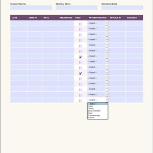 May include: An Attendance & Payment Log digital planner page featuring a table with columns for date, length, rate, amount due, paid status, payment method, invoice number, and balance. A dropdown menu displays options for cash, check, bank transfer, card, payment app, and invoice.