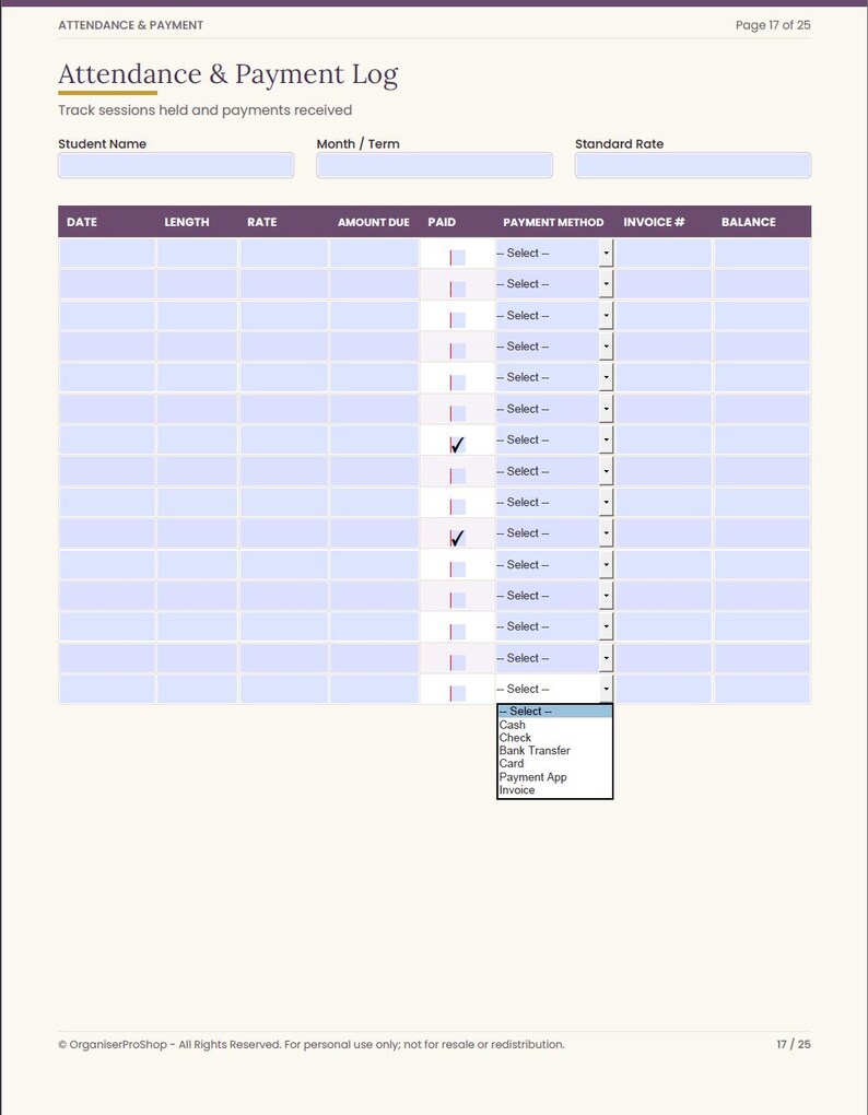 May include: An Attendance & Payment Log digital planner page featuring a table with columns for date, length, rate, amount due, paid status, payment method, invoice number, and balance. A dropdown menu displays options for cash, check, bank transfer, card, payment app, and invoice.