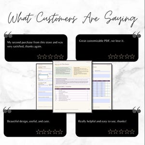 May include: A digital planner display featuring three pages with text headers including Student Profile, How to Use This Planner, and Tracker. Four black testimonial boxes with white text and five-star outlines surround the central planner pages.