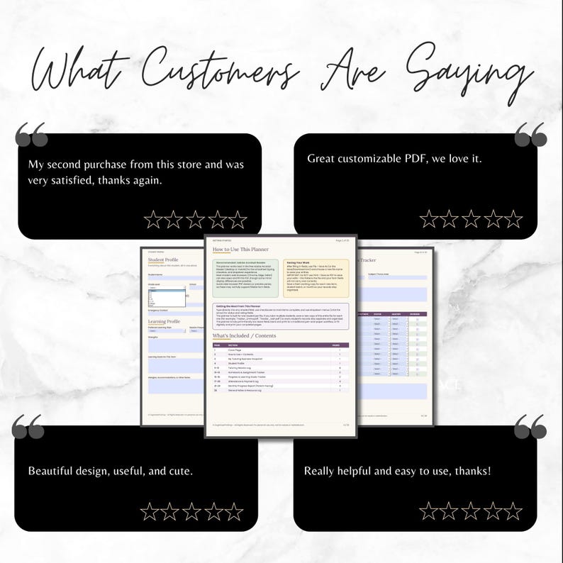 May include: A digital planner display featuring three pages with text headers including Student Profile, How to Use This Planner, and Tracker. Four black testimonial boxes with white text and five-star outlines surround the central planner pages.