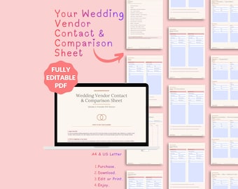 Wedding Vendor Contact & Comparison Sheet | Editable Fillable PDF Planner | Digital Download