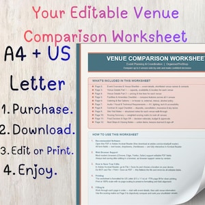 Könnte beinhalten: Ein bearbeitbares Arbeitsblatt zum Vergleich von Veranstaltungsorten in A4 und US Letter. Das Dokument hat eine blaue Kopfzeile mit dem Titel Venue Comparison Worksheet, einen rosa Bereich mit Inhalten von Seite 2 bis 12 und eine blaue Anleitung.