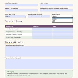 May include: A printable business snapshot form for tutors featuring sections for contact information, service details, standard rates, and policies. The document includes fields for session types, duration, and rates, with a bottom section for tutoring tips.