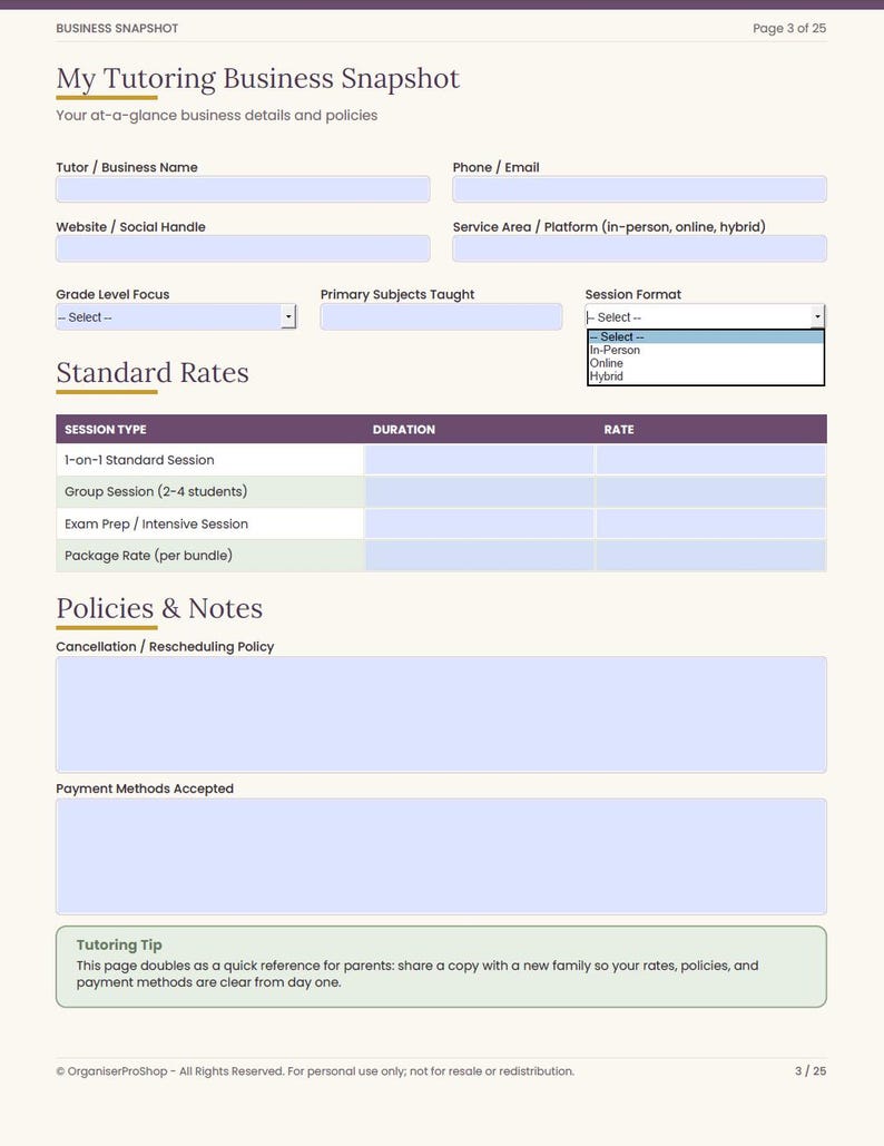 May include: A printable business snapshot form for tutors featuring sections for contact information, service details, standard rates, and policies. The document includes fields for session types, duration, and rates, with a bottom section for tutoring tips.