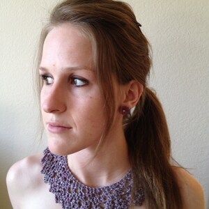 Hand Knit Dusty Purple Spun Silk Beaded Statement Necklace With Vintage Buttons