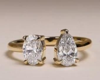 Toi Et Moi Engagement Ring, Two Stone Wedding Ring, Cuff Dainty Ring, Moissanite Engagement Ring, Wedding Band, Minimalist Dainty Ring