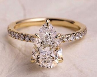 Hidden Halo Ring, 1.74 Ct Pear Cut Moissanite Engagement Ring, Solitaire Ring, Solitaire Wedding Ring, Anniversary Gift, Gift For Her, Rings