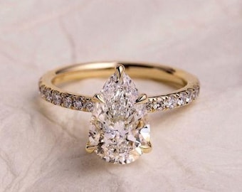 Hidden Halo Ring, 1.74 Ct Pear Cut Moissanite Engagement Ring, Solitaire Ring, Solitaire Wedding Ring, Anniversary Gift, Gift For Her, Rings