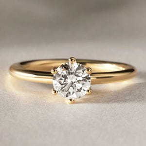 Minimalist Engagement Ring, 1.1 Ct Round Cut Moissanite, 14K Yellow Gold Plated, Wedding Solitaire Ring, Anniversary Gifts, Custom Jewelry