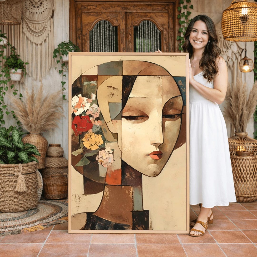 Abstract Woman Face Wall Art, Modern Geometric Portrait Painting ...